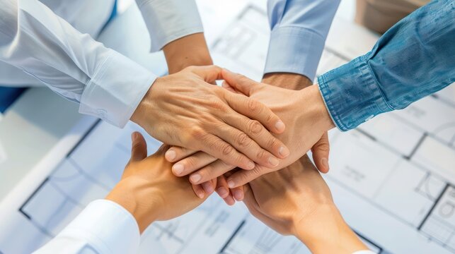 Collaborative image of business people's hands overlapping on an architectural blueprint, illustrating synergy and cooperation in achieving shared objectives in real estate projects.