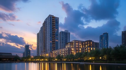 Naklejka premium Beautiful urban skyline sunset reflections over tranquil waterfront image