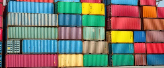 Tiered stack of colorful cargo containers at a dockyard, transport, shipping, crates