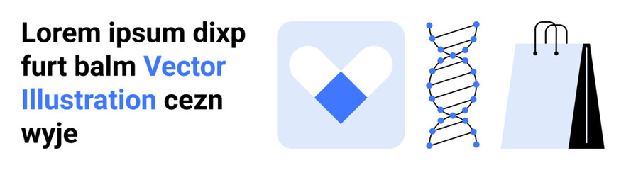 Pill capsule within a heart icon, DNA strand structure, and shopping bag. Ideal for healthcare, biology, shopping, e-commerce, science communication, education and a simple landing page