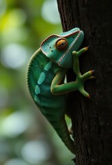 Veiled chameleon clinging to a tree branch, its skin blending with the bark, stick, habitat