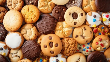 Fototapeta premium Assorted cookies, sweet treats, laid out. Delicious snack treats with chocolate topping. Sweet baked delights