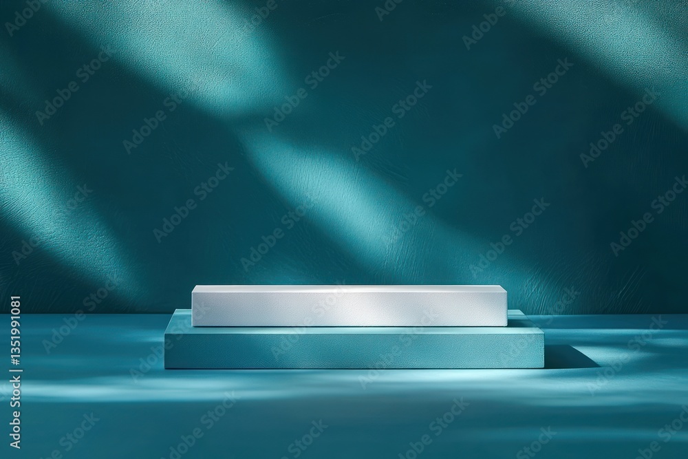 Aufkleber minimalist product display on clean white platform with teal background and soft shadows