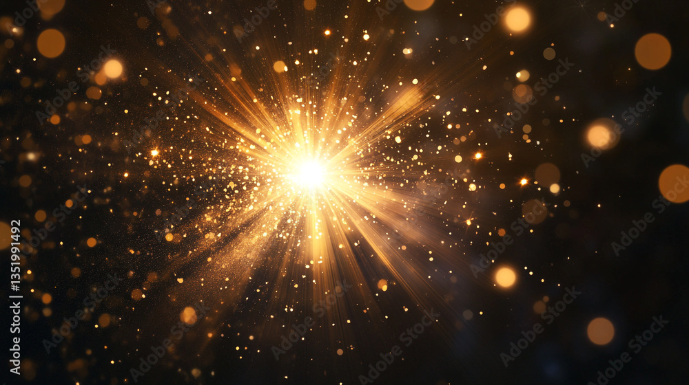 Poster a bright golden light emanating outwards surrounded by bokeh and small sparkles on a dark background