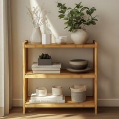 Simple, light-toned wooden side table with three shelves, showcasing decorative items, plants, and books.  Natural, modern, and minimalist design.  Versatile for any room