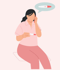 Woman holding pregnancy test. Woman is calling to tell pregnancy test result.