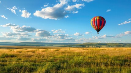Obraz premium A single balloon floating in an open field with a panoramic landscape in the background, evoking a sense of freedom and adventure.