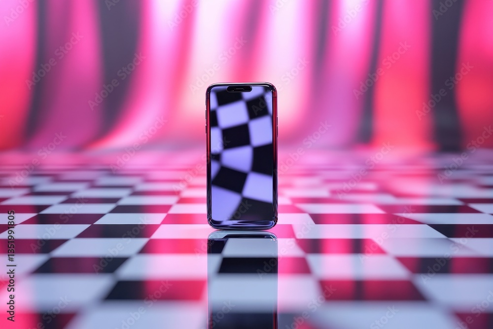 Poster A smartphone displaying a checkerboard pattern on a reflective surface