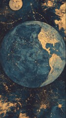 A vintage style artistic rendering of planet earth and constellations