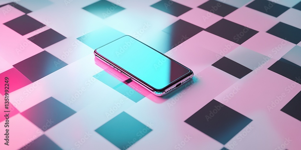 Poster a modern mobile device with a glowing screen on a tiled background