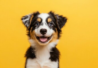 Adorable Australian Shepherd Puppy Smiling on a Bright Yellow Background Portrait