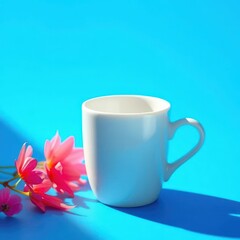 A sunlit white coffee cup rests on a vibrant blue background, white, daylight, teal