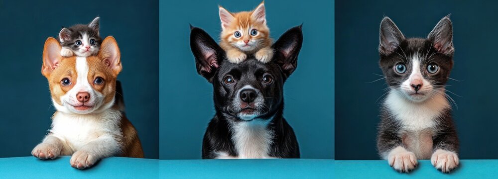 adorable dogs with kittens on their heads against vibrant background