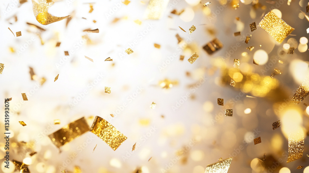Poster a festive display of shimmering gold confetti falling against a soft white and gold bokeh background
