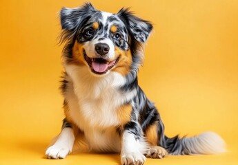 Fototapeta premium Happy Australian Shepherd Sitting on Yellow Background Smiling with Its Tongue Out