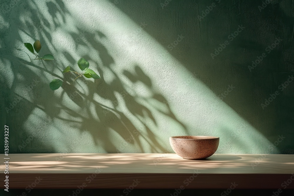 Aufkleber minimalist table with shadows on green textured wall background for product presentation and brandin