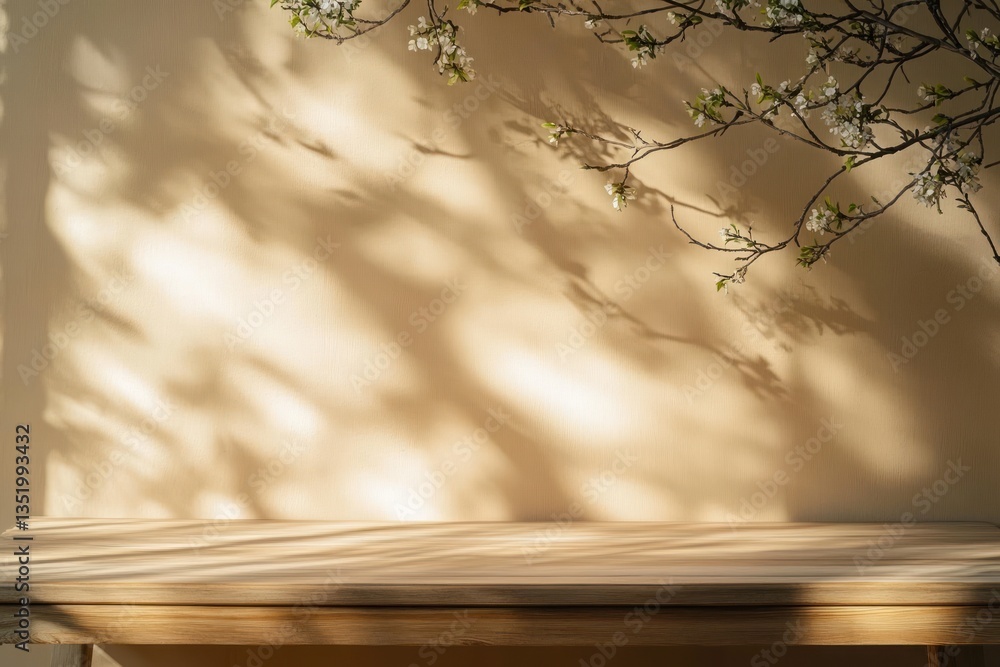 Poster wooden table with dappled sunlight and tree shadows on beige background for presentation and brandin