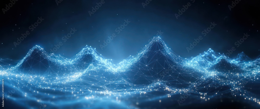 Poster digital network connection in a glowing blue abstract landscape with polygons and lines