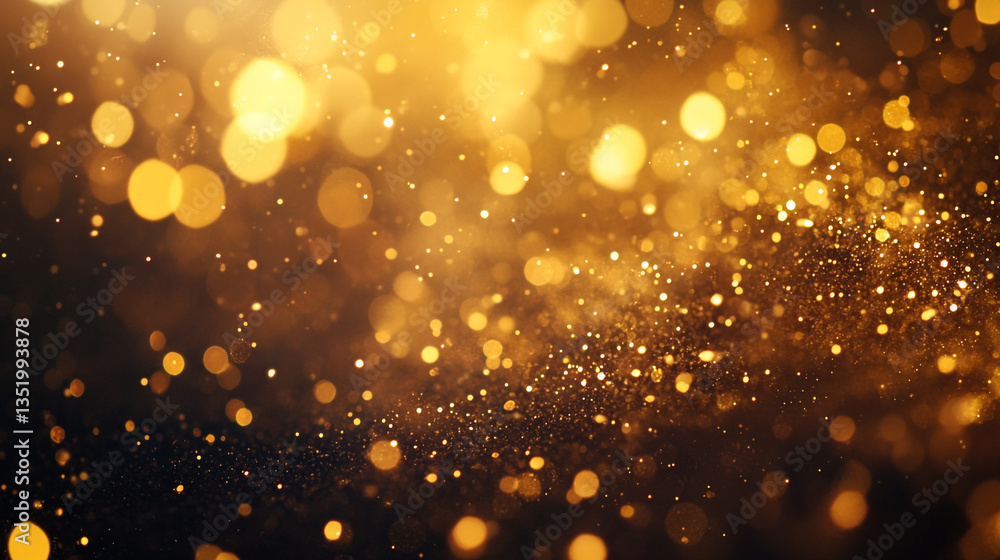 Poster a golden bokeh background with blurred lights and sparkling dust creating a dreamy and festive atmos
