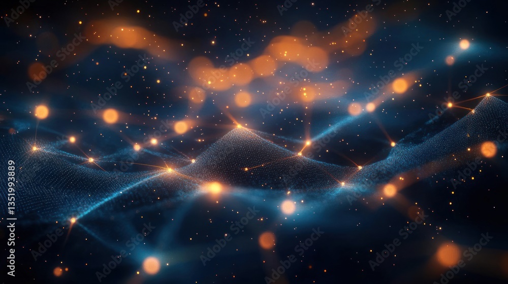Poster futuristic network of glowing nodes and connections in abstract digital background with deep blue an
