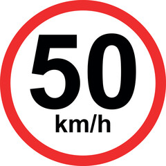 Speed limit traffic sign showing 50 km/h restriction in red circle isolated on white background