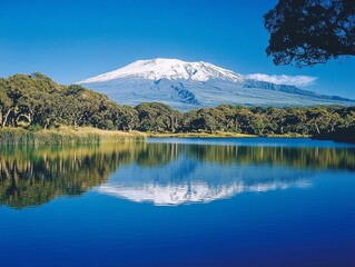 Snow-capped mountain reflected in tranquil lake, African savanna