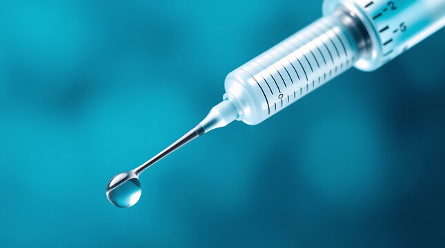 Medical Syringe Needle With Liquid Drop Closeup On Turquoise Background For Vaccination Injection Healthcare Treatment Medicine Concept
