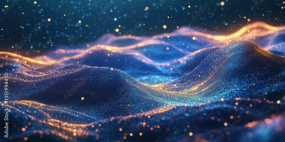 Poster glowing particles form undulating hills in a dark space