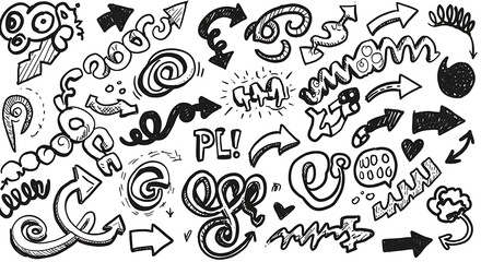 Obraz premium A playful collection of hand-drawn sketchy lines, arrows, and abstract doodles in black and white. The style is dynamic and imperfect.