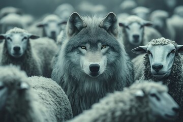 Surreal Wolf Disguised Among Sheep in Misty Background