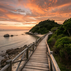 Obraz premium A breathtaking view of wooden bridges stretching along the coastline at sunrise, with golden hues reflecting on calm waters.