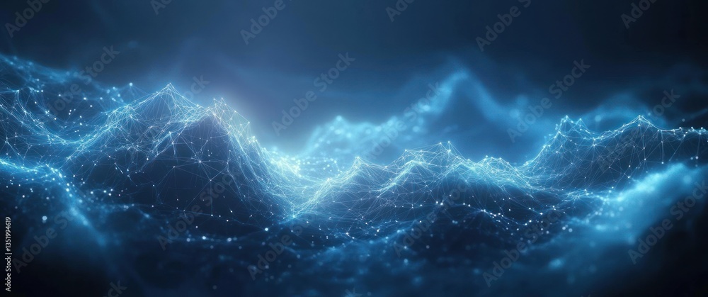 Poster abstract digital landscape with blue polygons and network lines in futuristic art style
