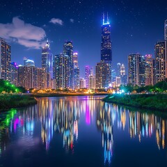 Fototapeta premium Golden hour skyline sunset glow mirrored on waterfront image