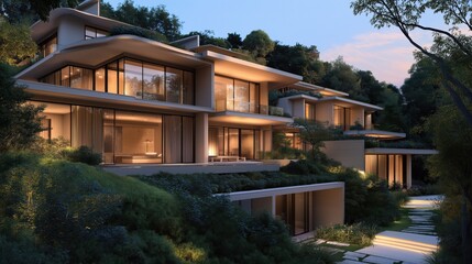 Fototapeta premium A terraced hillside landscape with a modern, light beige tan multi-story house