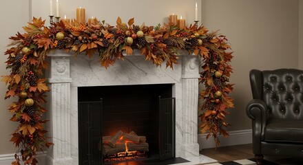 Festive Fall Garland Decorating a Marble Fireplace Mantel with Candles