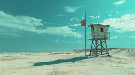 A desolate beach scene features a lifeguard tower and cloudy sky