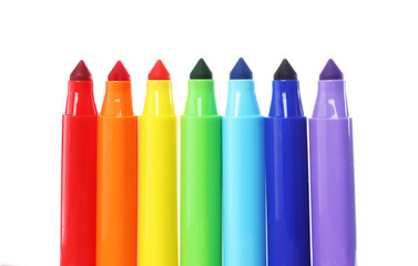 Many colorful markers isolated on white. Art supply
