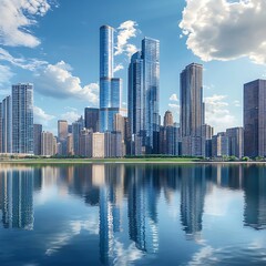 Golden skyline sunset mirrored perfectly on peaceful waterfront image