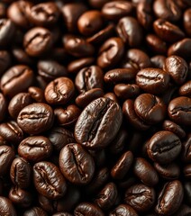 Obraz premium Deep brown, oily roasted coffee beans, close-up texture, delicious, scent, robusta