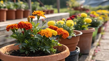 Fototapeta premium Colorful flowers in pots arranged in a garden setting with vibrant blooms and greenery