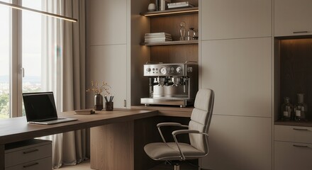 Home Office with Espresso Machine Modern Desk and Rolling Chair
