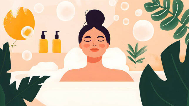 Woman relaxing in a bubble bath, surrounded by tropical plants and bath products; spa day illustration