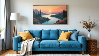A blue couch with colorful pillows and a blanket , a painting of landscapes on the wall, a lamp and a vase with flowers in a living room 