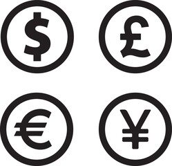 Money currency sign. Dollar, Pound, Euro, Yuan symbol icon vector