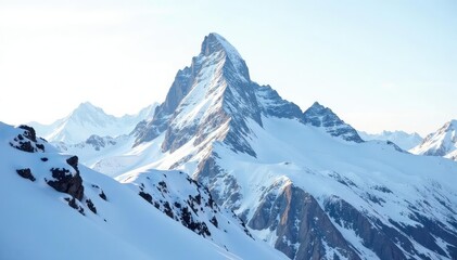 Snow-covered mountain peak against bright white sky, scenery, alpine, crisp