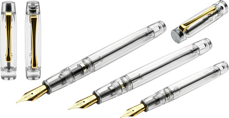 Fototapeta premium Transparent Fountain Pens Collection High Quality Gold Nib Detail Shots