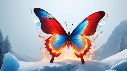 Colorful butterfly macro texture with fire and ice themed wings, half red and half blue glowing in natural background.