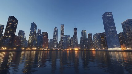 Fototapeta premium Peaceful waterfront sunset glow reflecting urban skyline beauty image