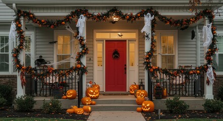 Festive Halloween Porch Decor with Pumpkins and Spooky Decorations