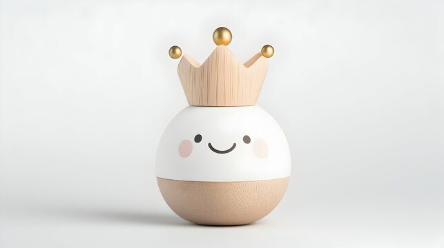 Wooden toy king, smiling face, crown, white background, nursery decor